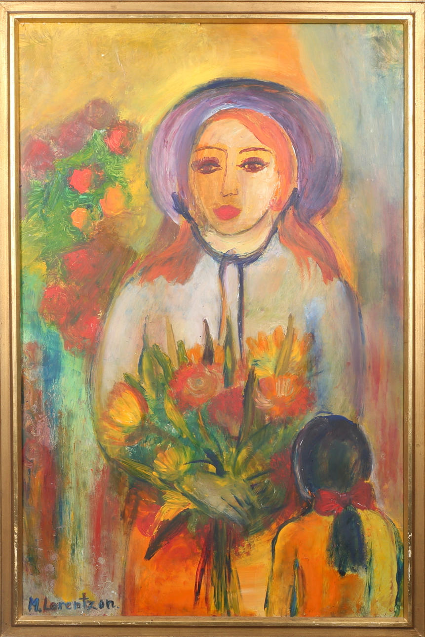 MONICA LORENTZON. kvinna med blommor, blandteknik, signerad M.Lorentzon.