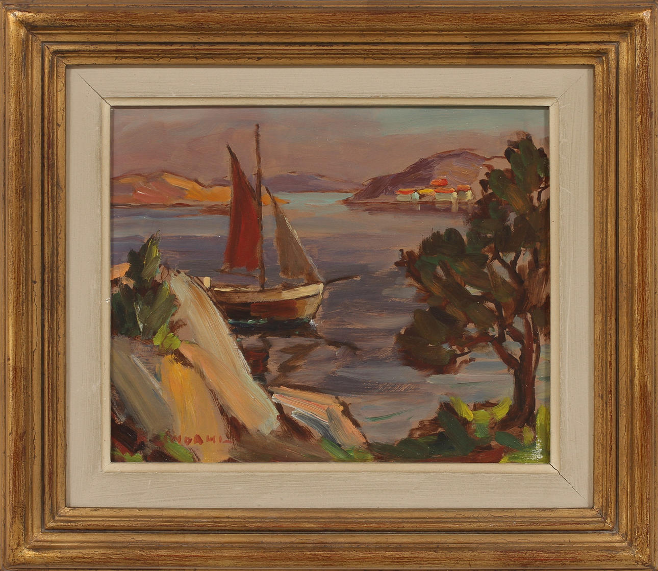 HELGE LINDAHL. Kustmotiv med båt, olja på pannå, signerad.
