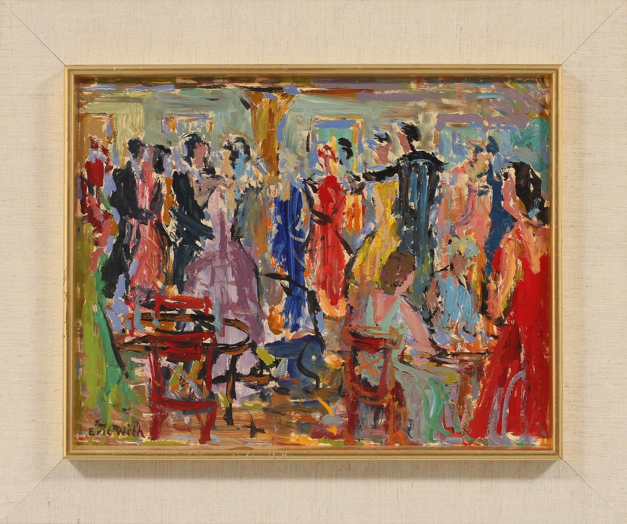 ERIC WITH. Figurscen med dansande par, olja på pannå, signerad.