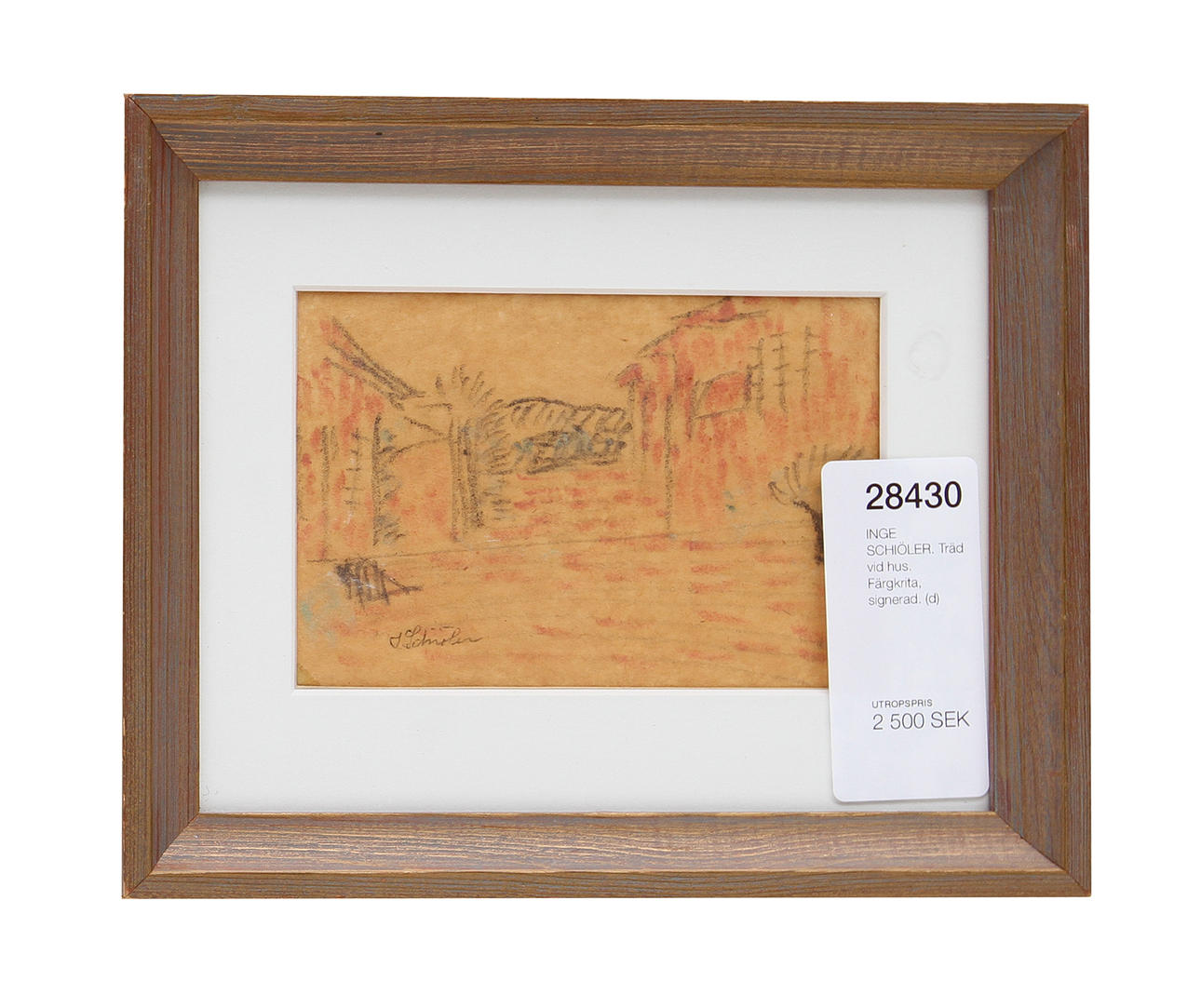 INGE SCHIÖLER. Träd vid hus. Färgkrita, signerad.