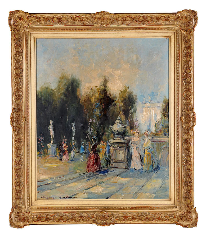 HENRY CARON. Signerad, livlig impressionistisk scen med damer i en fransk park.