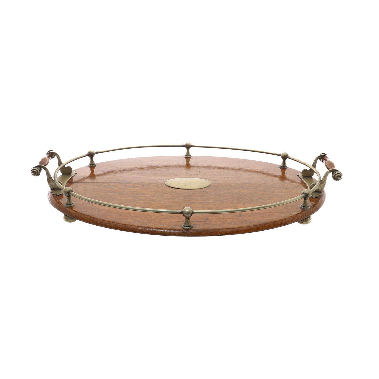 AN EDWARDIAN ELECTROPLATE MOUNTED OVAL LIGHT OAK GALLERY TRAY.