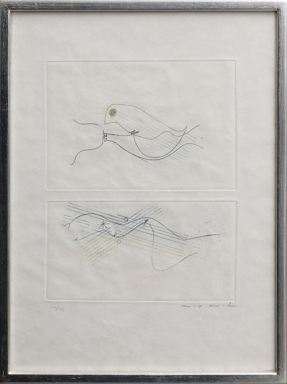 MAX ERNST. DOS COMPOSICIONES CON PÁJAROS EN LA MISMA HOJA.