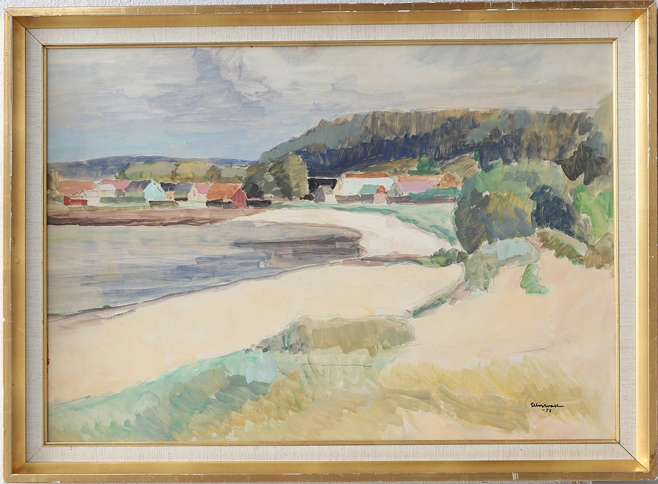 ELLIS WALLIN. Landskap vid vatten. Olja på pannå, signerad och daterad -58.