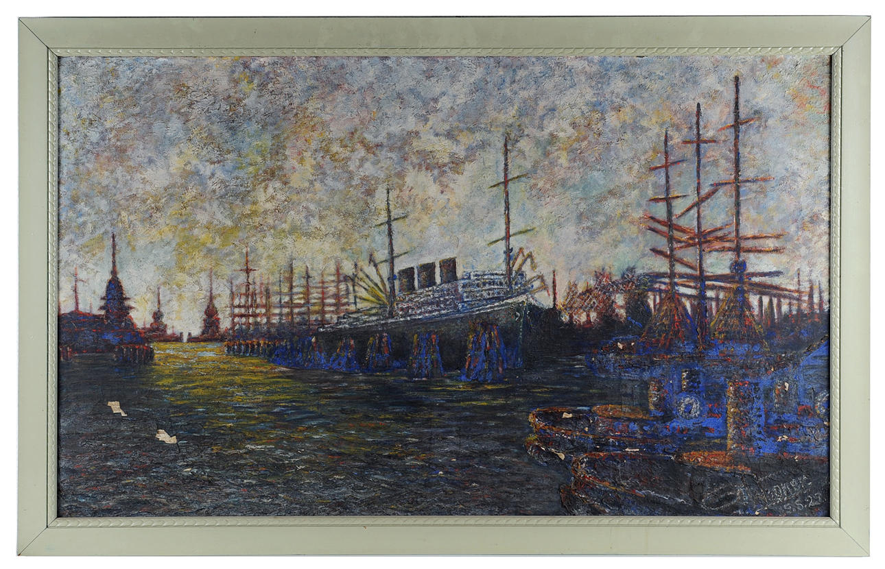 G. WAGNER SIGNIERT. Oljemålningar, tankfartyg & segelfartyg i en hamn med lökkupoler.