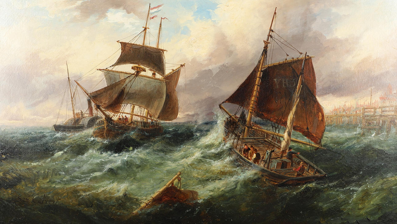 SAMUEL W. CALVERT (1828-1913). FISHING BOATS IN CHOPPY COASTAL WATERS.