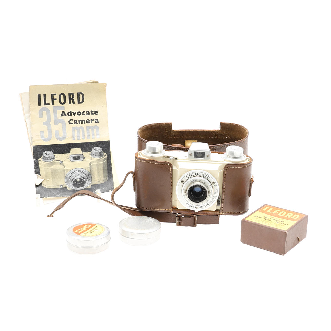 AN ILFORD ADVOCATE 35MM CAMERA AND ACCESSORIES.