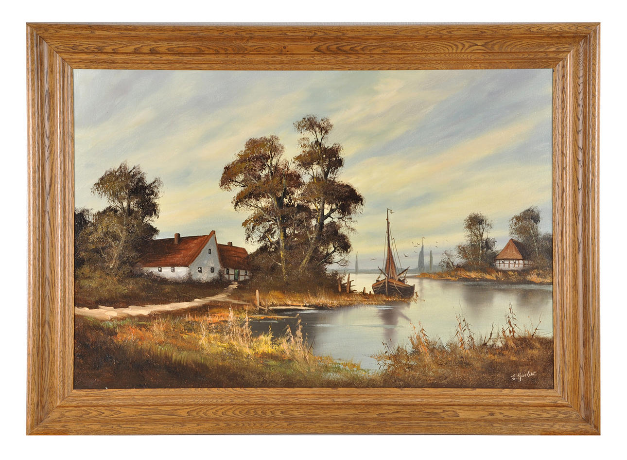 ERNST GERBER. TILLSKRIVEN. Oljemålning, idylliskt landskap med sjö och plattbåtar.