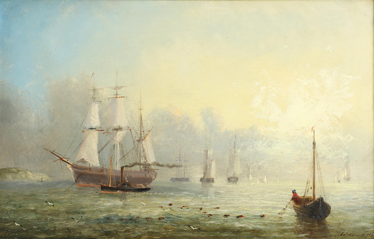 WILLIAM ADOLPHUS KNELL (1801-1875). VESSELS IN COASTAL WATERS, SUNSET.