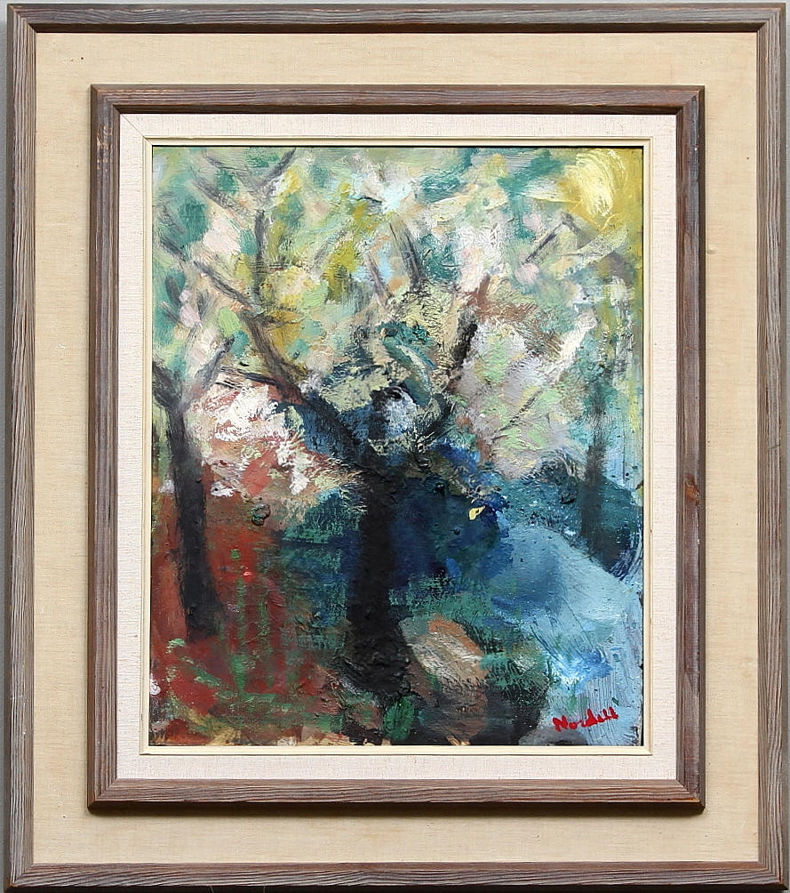 ESKIL NORDELL. "Blommande träd". Olja på pannå, Signerad.