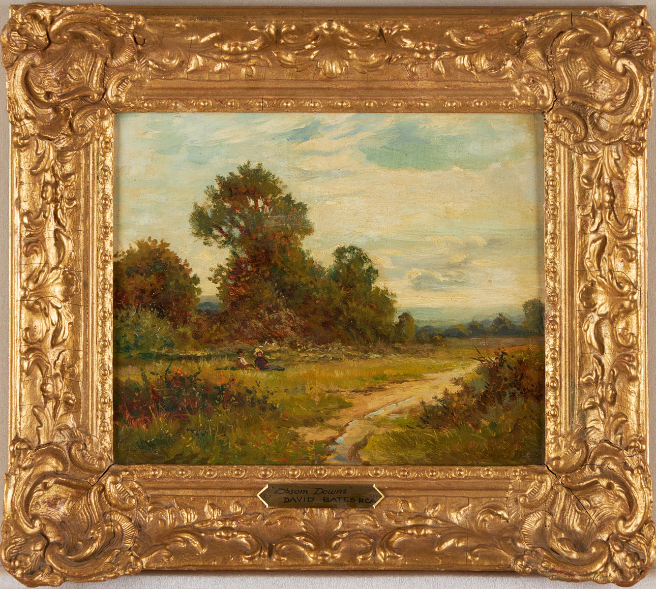 DAVID BATES (1840/41-1921). "Epsom Downs", signed David Bates, oil on canvas mounted on Board.