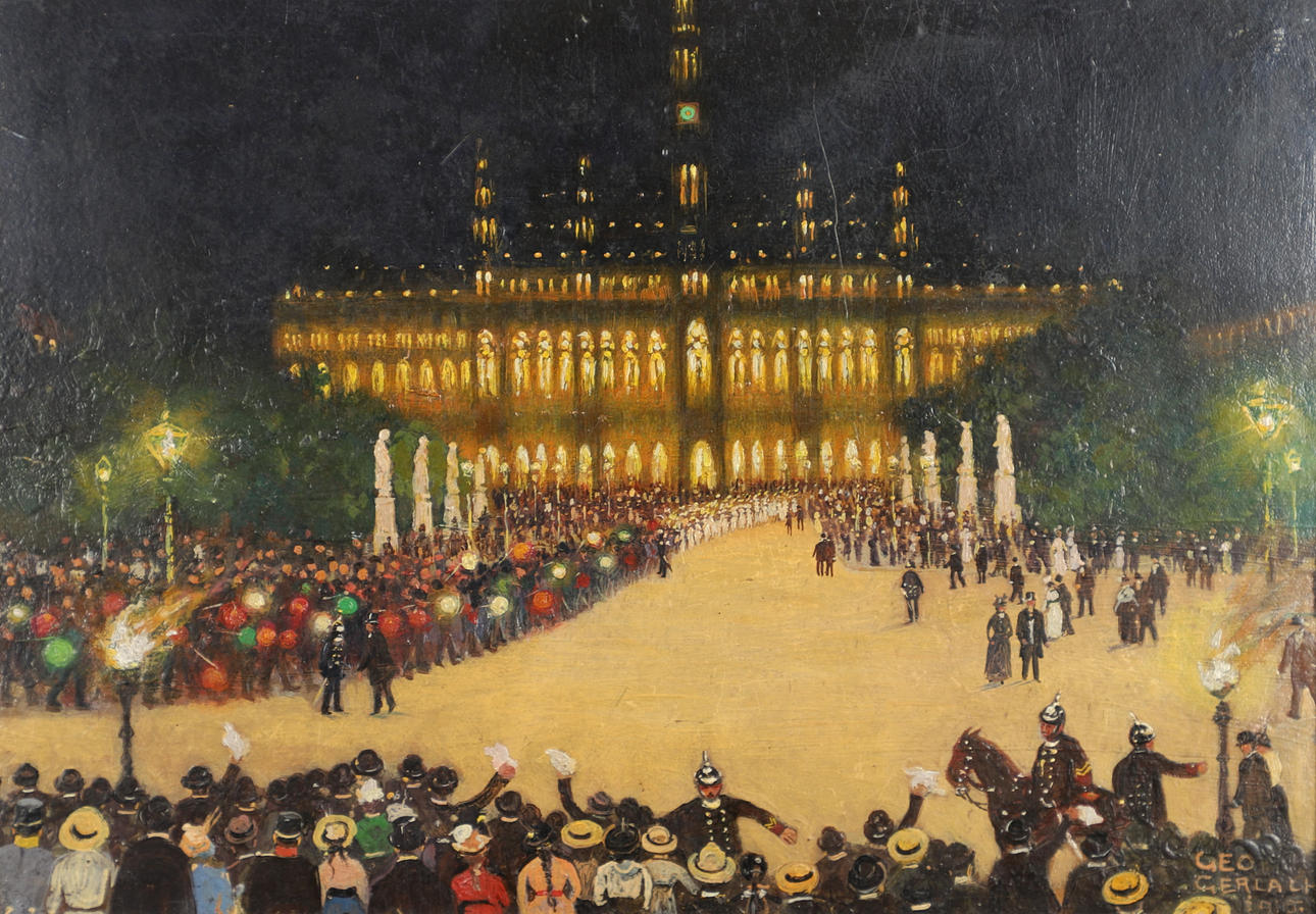 GEORGE GERLACH (1874-1962). CROWDS IN A CITY SQUARE AT NIGHT (AUSTRIA?)