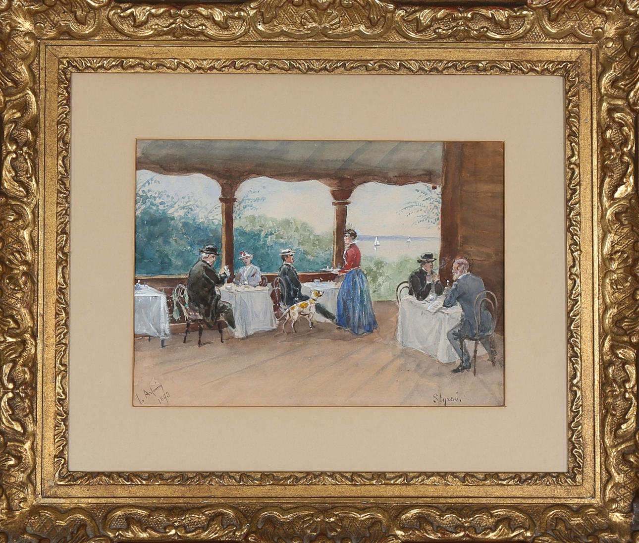 OIDENTIFIERAD KONSTNÄR. Kafégäster på Styrsö, pastell, otydlig signatur och daterad 1893.