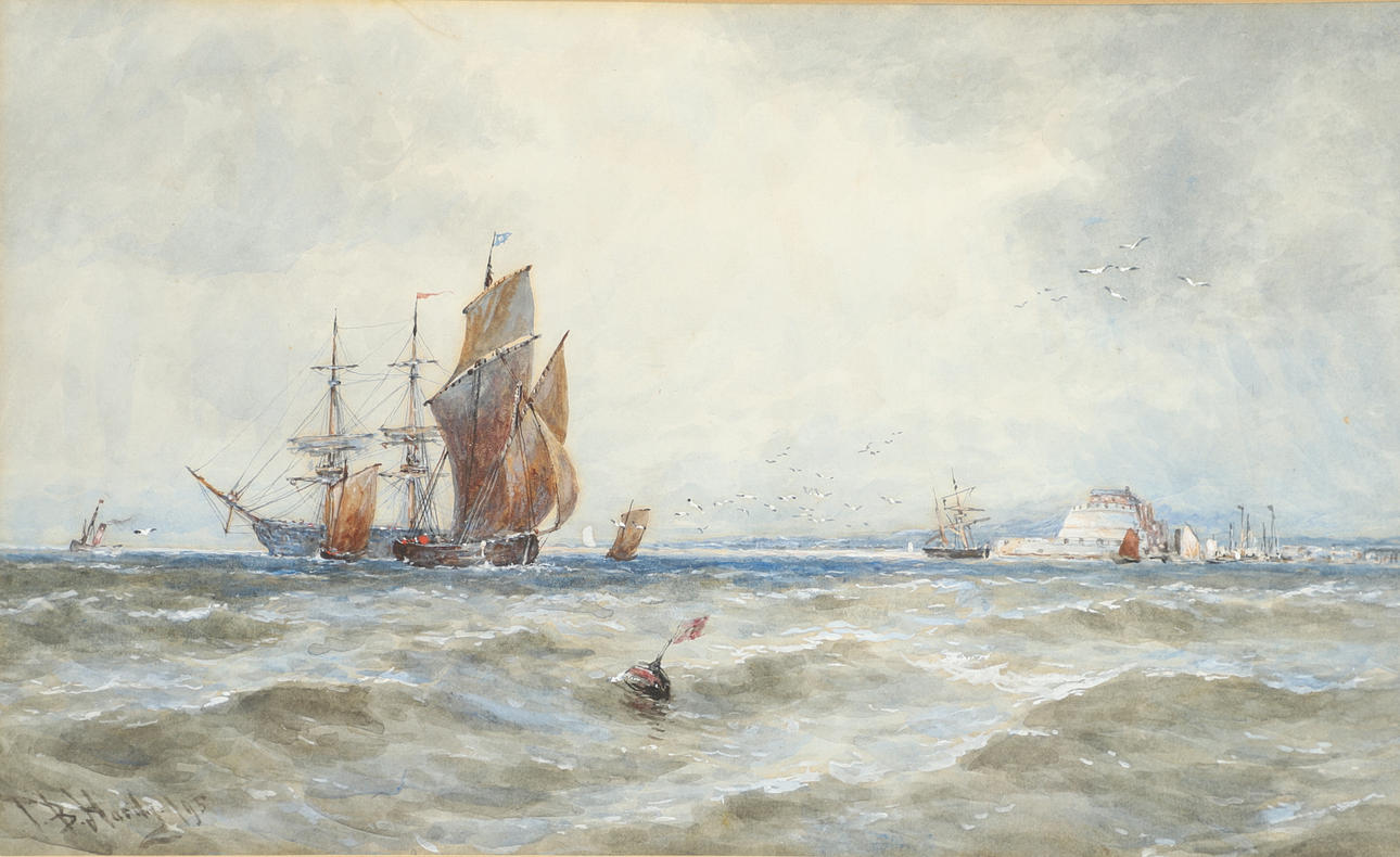 THOMAS BUSH HARDY (1842-1897). VESSELS IN COASTAL WATERS (OFF CALSHOT CASTLE?)
