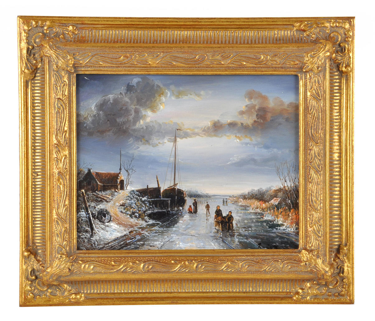 R. COX O.Ä. Vinterlandskap med människor, oljemålning på trä, magnifik ram.