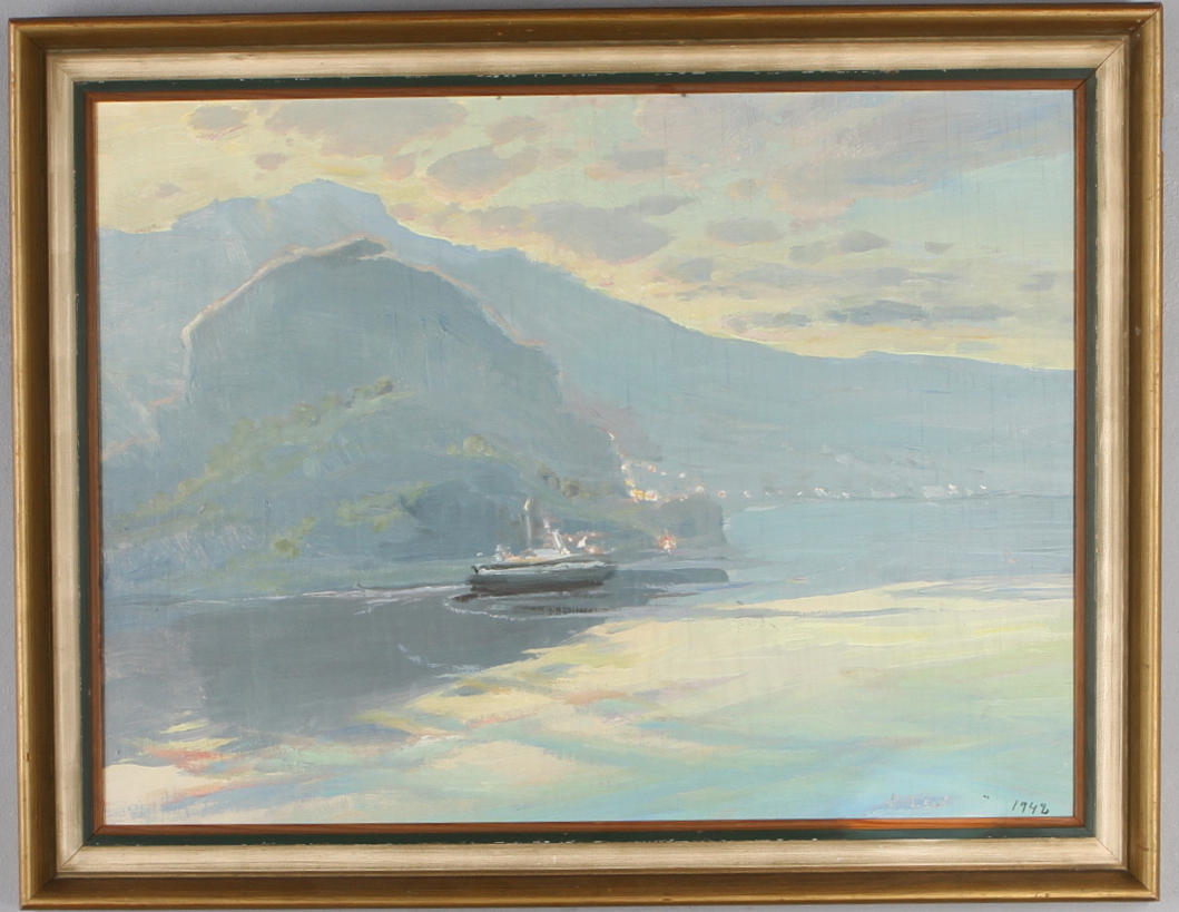 LEVI VASSILY. Kustmotiv med båt, olja på pannå, signerad och daterad 1942.