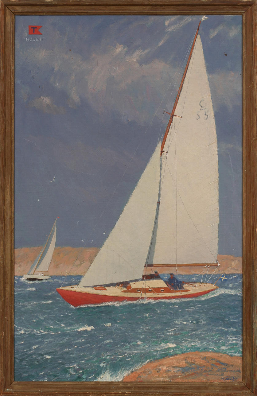 GORDON MACFIE. "Harry Trapps segelbåt HOBBY", olja på pannå, signerad.