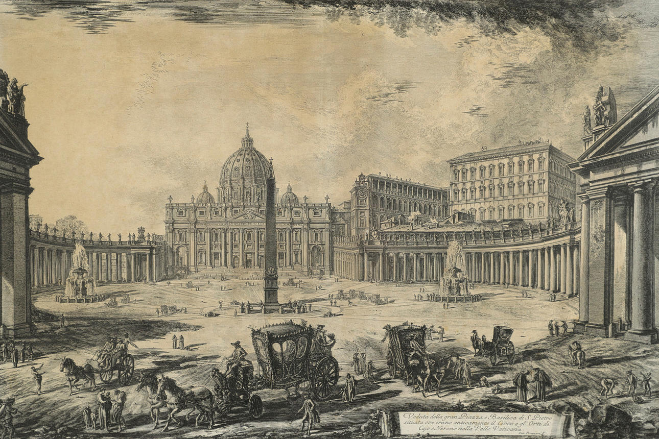 GIOVANNI BATTISTA PIRANESI  (1720-1778). VEDUTA INTERNA DELLA BASILICA DI S. PIETRO IN VATICANO; VEDUTA DELL' ANFITEATRO FLAVIO, DETTO IL COLOSSEO; VEDUTA DELLA GRAN PIAZZA E BASILICO DI S. PIETRO.. (Hind 3, 57, 102).