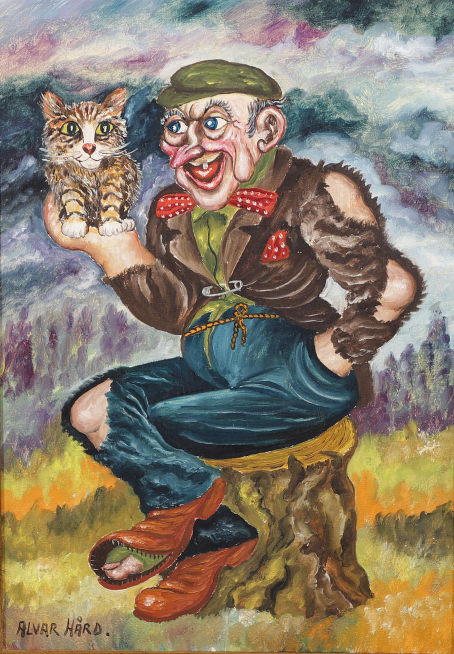 ALVAR HÅRD. Old man with cat, oil on canvas, signed.