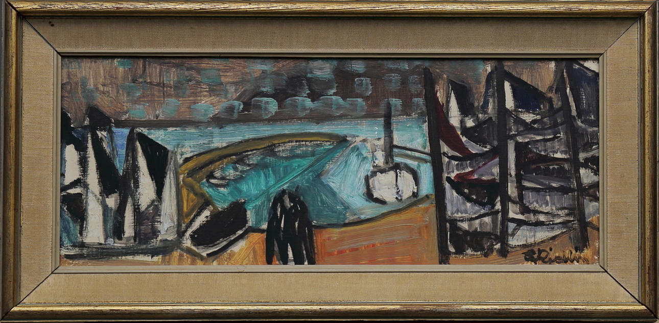 STIG KJELLIN. Hamnmotiv, olja på pannå, signerad S Kjellin.