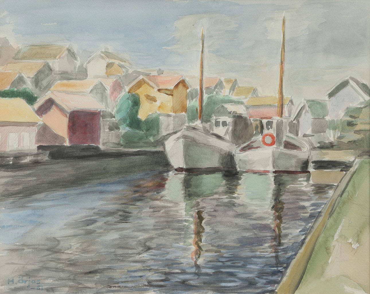 OIDENTIFIERAD KONSTNÄR. Akvarell, båthamn, signerad, H. Örjas, 1961.