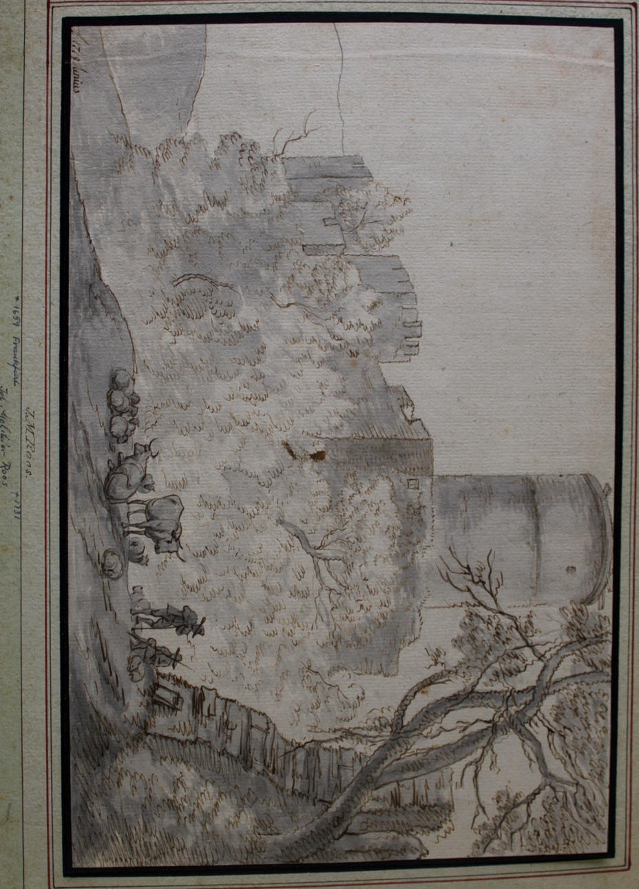 FOLLOWER OF JOHAN MELCHIOR ROOS (1659-1731). HERDSMEN WITH LIVESTOCK BY A TREE, A CASTLE BEYOND.