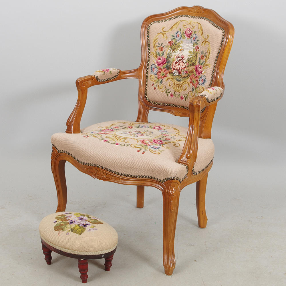 KARMSTOL SAMT FOTPALL, mahogny, rokokostil.