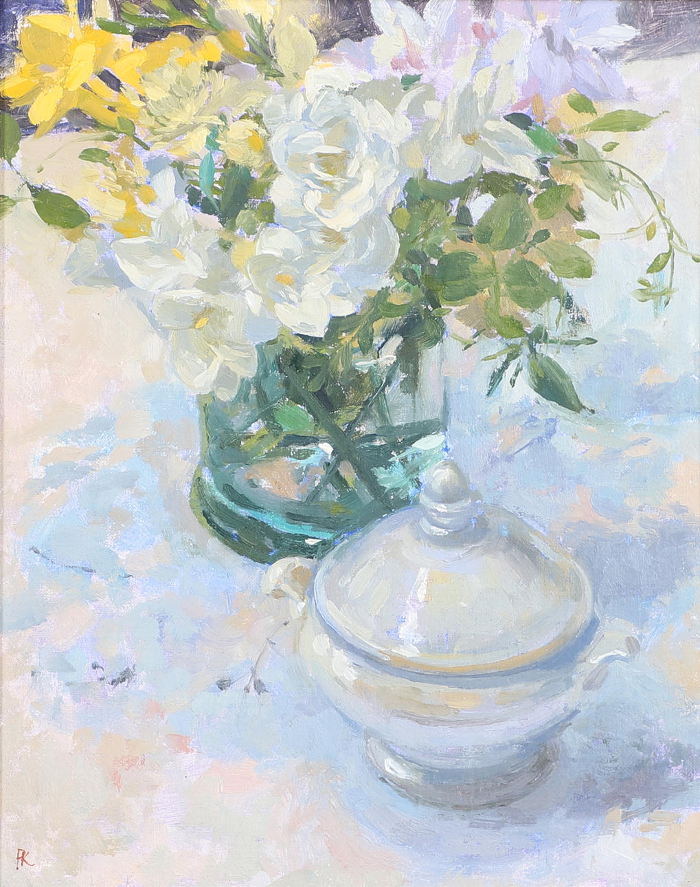 PETER KUHFELD (B.1952). STILL LIFE WITH FLOWERS IN A GLASS BOWL, A CERAMIC BOWL ALONGSIDE.