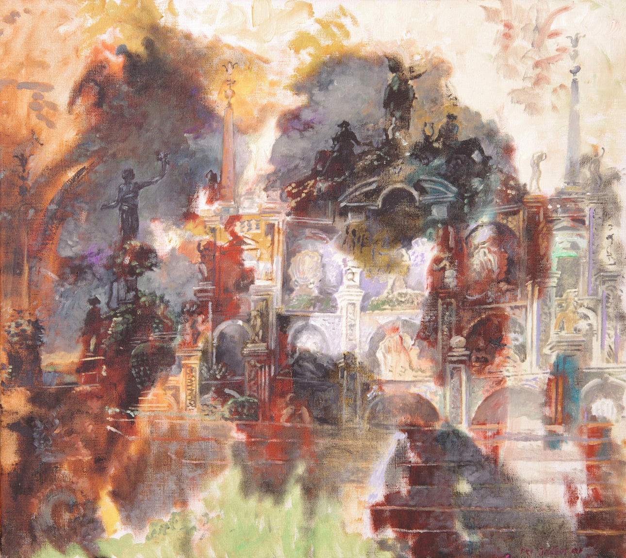 PER JADÉUS. Komposition med monument, olja på duk, signerad.