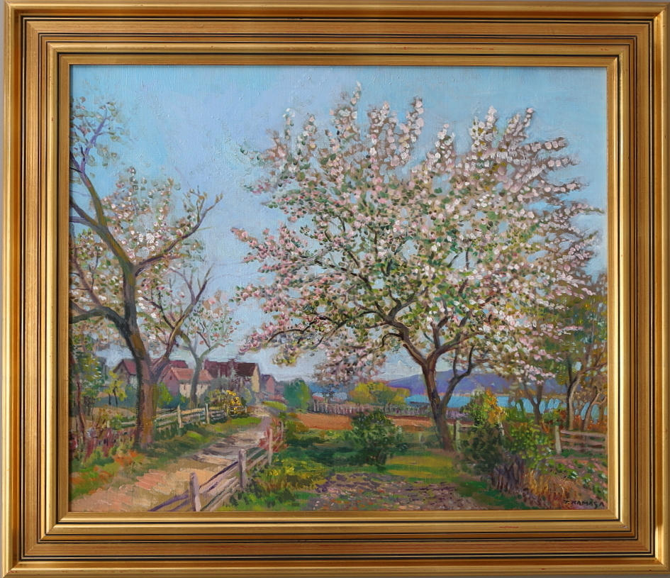 TADEUSZ KAMASA. Olja på duk, blommande fruktträd, signerad.