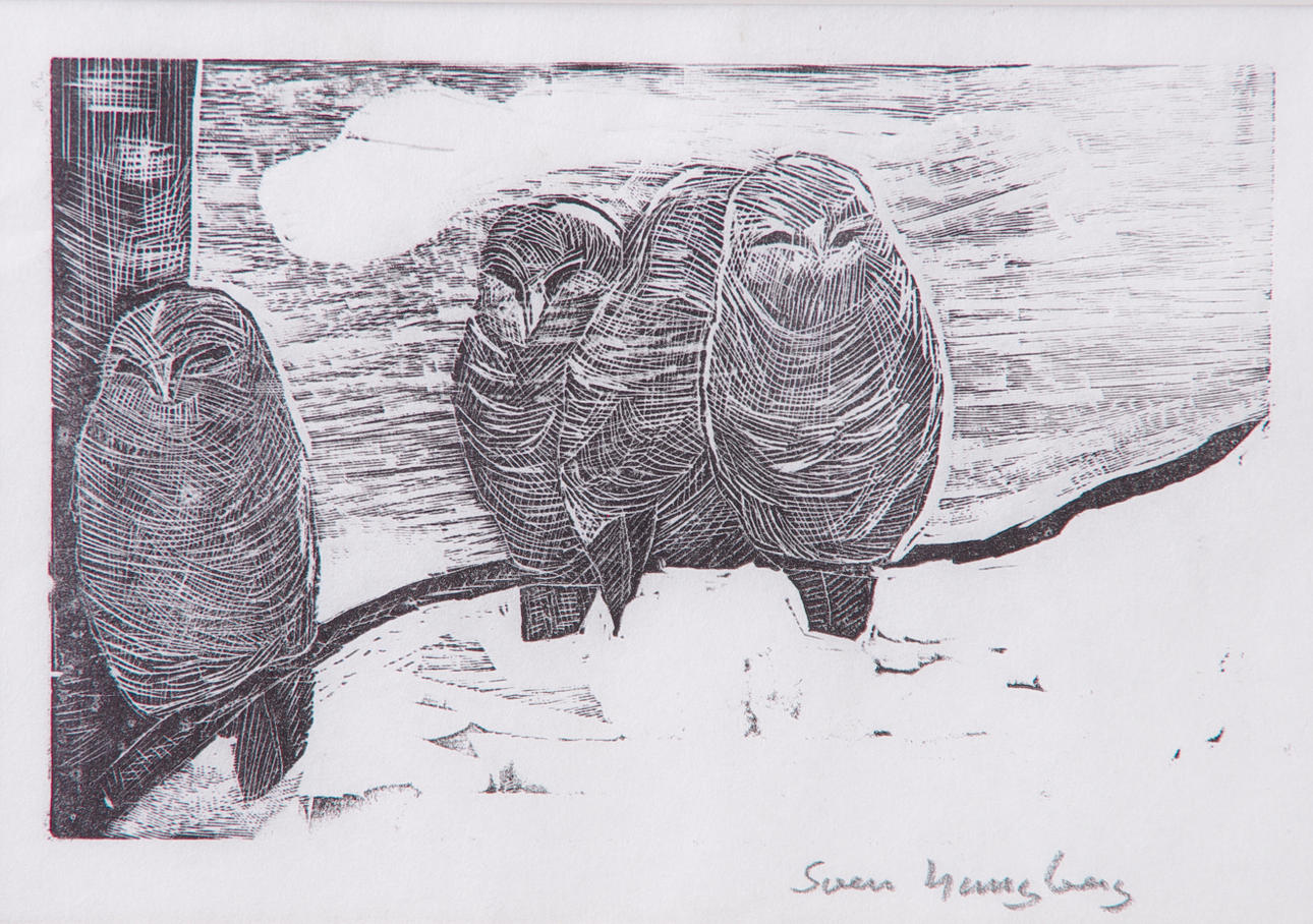 SVEN LJUNGBERG. "Kattugglor I", träsnitt, signerad.