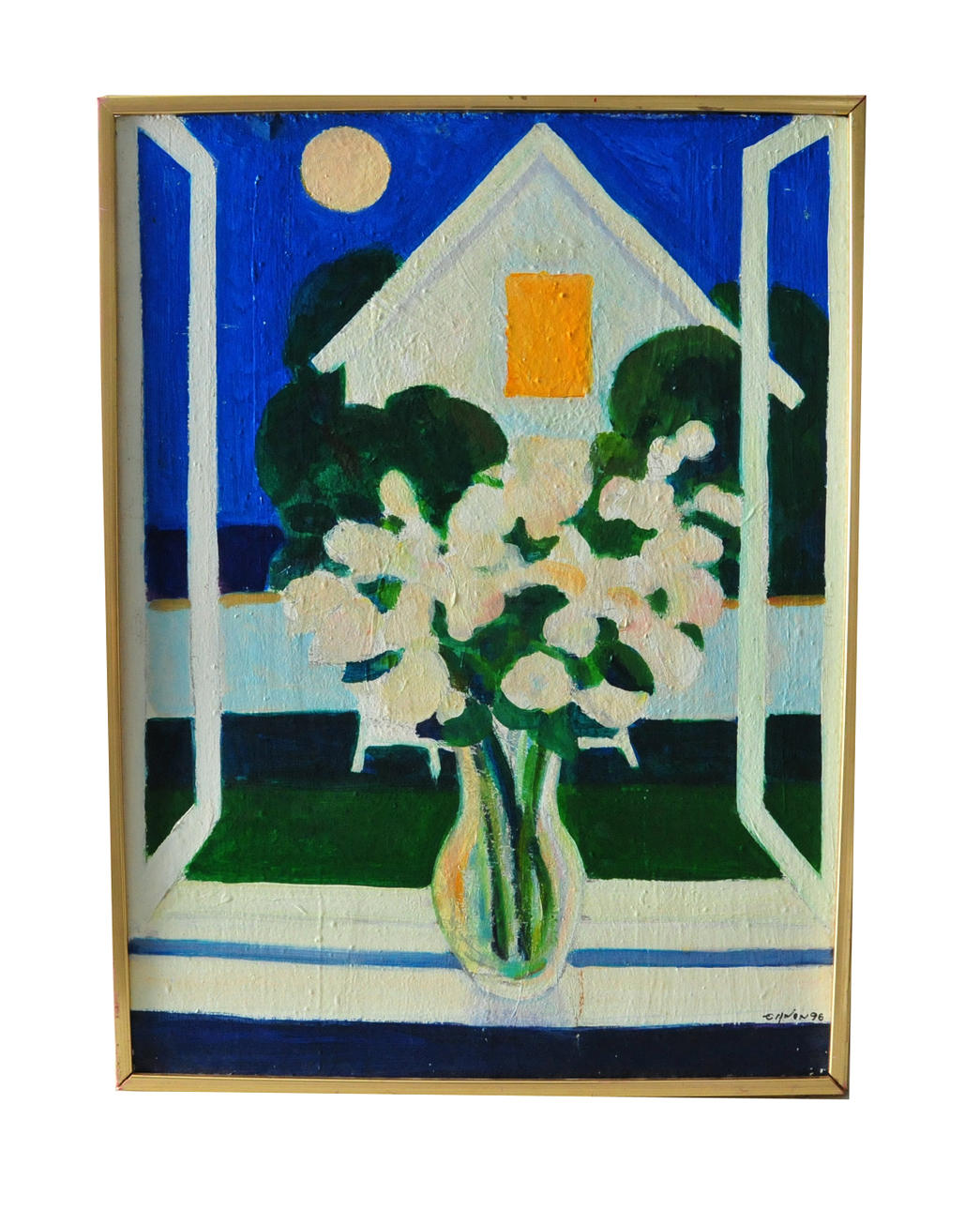 ERIC ELFWEN. Olja på pannå. Fönstervy, signerad-96.