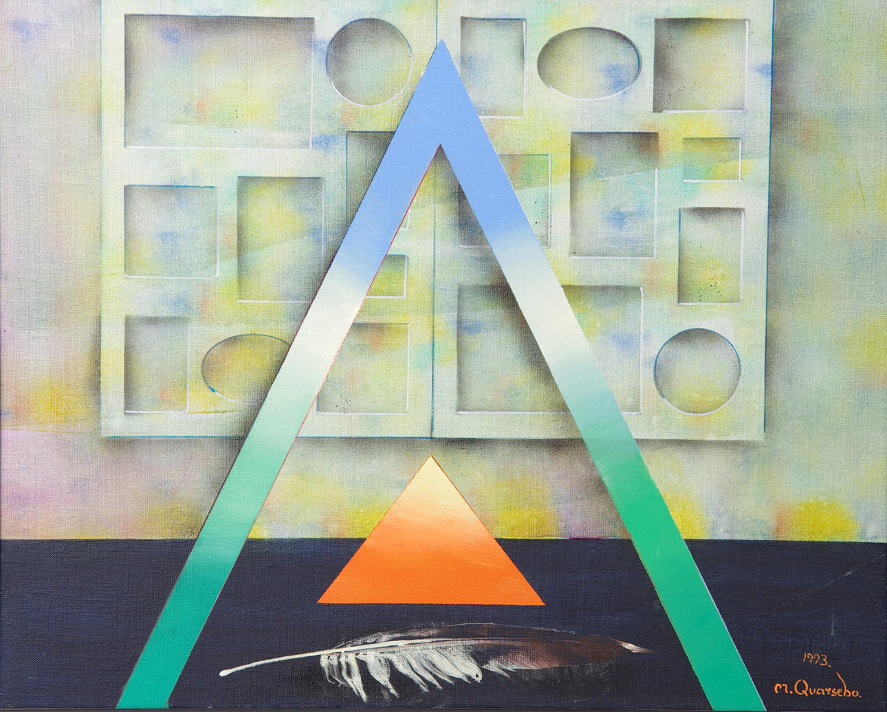 MIKAEL QVARSEBO. komposition, olja på duk, signerad M. Qvarsebo 1993.