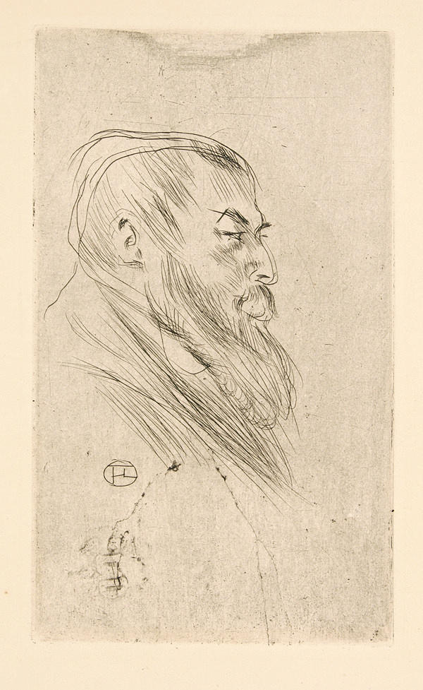 MONOGRAMMIST. Etsning, skäggig asiatisk eller mongolisk i profil, runt 1950.