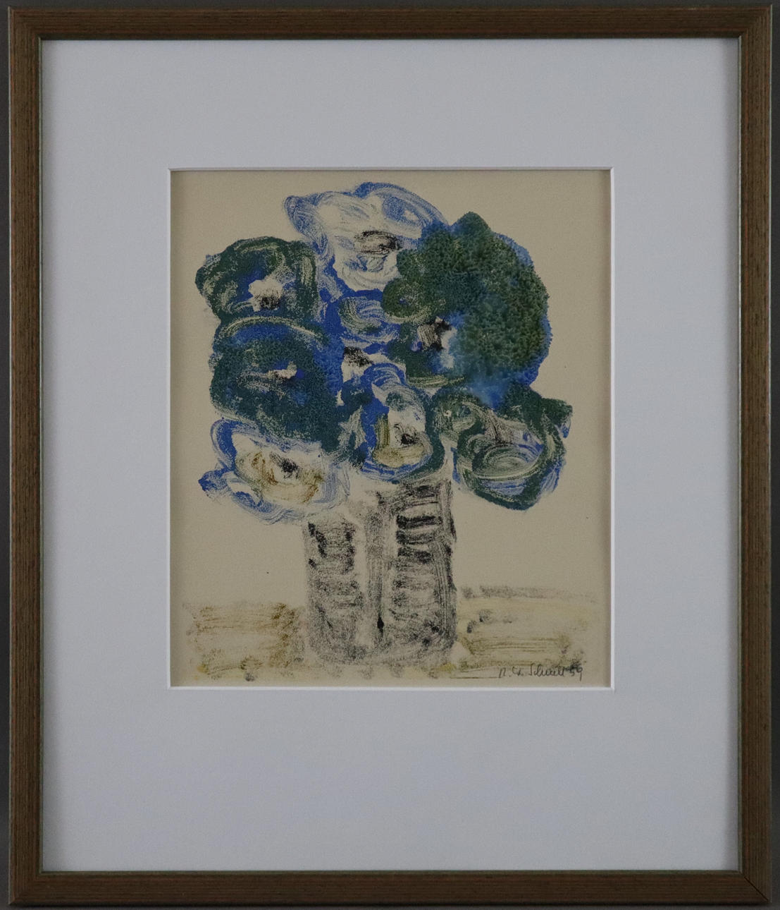 - SCHNELL, ROBERT WOLFGANG. Blumenstillleben, Farblithografie.