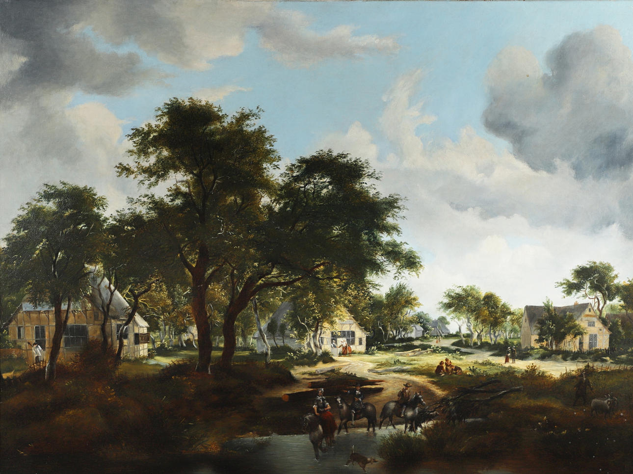 IN THE MANNER OF MEINDERT HOBBEMA (1638-1709). VILLAGERS AT A WOODED HAMLET.
