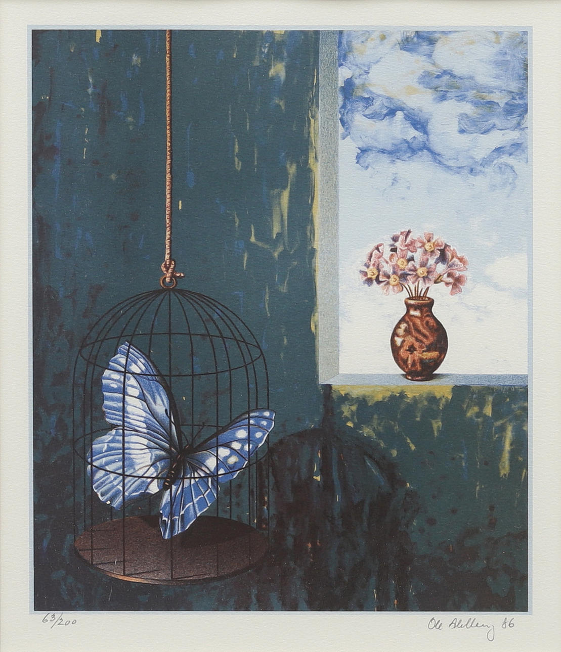 OLE AHLBERG. The blue butterfly, color lithograph, signed and dated -86.