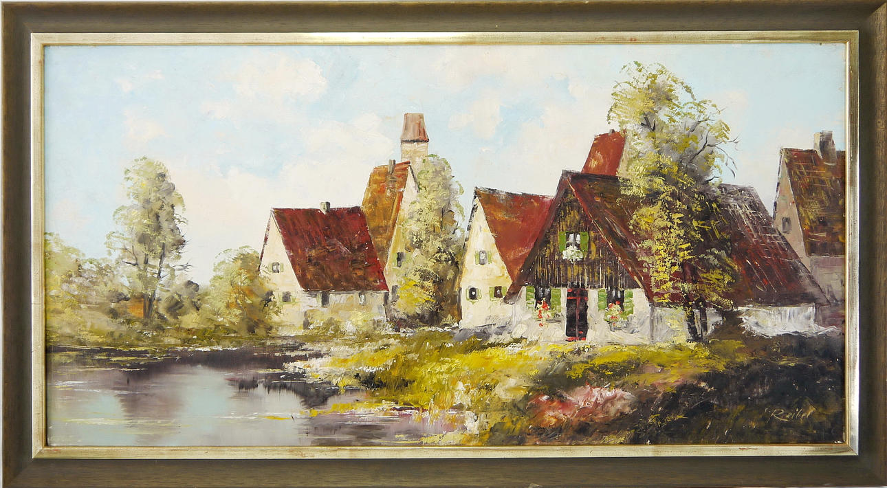 REIBEL. ”Häuser am Fluss”, olja på duk, signerad. Reibel.