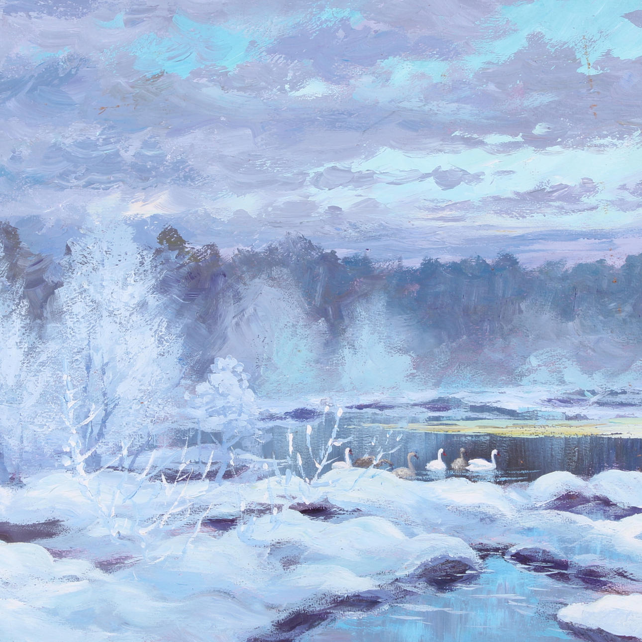 JOHANNES RAVN. olja på pannå, svanar i vinterlandskap, signerad samt daterad -82.