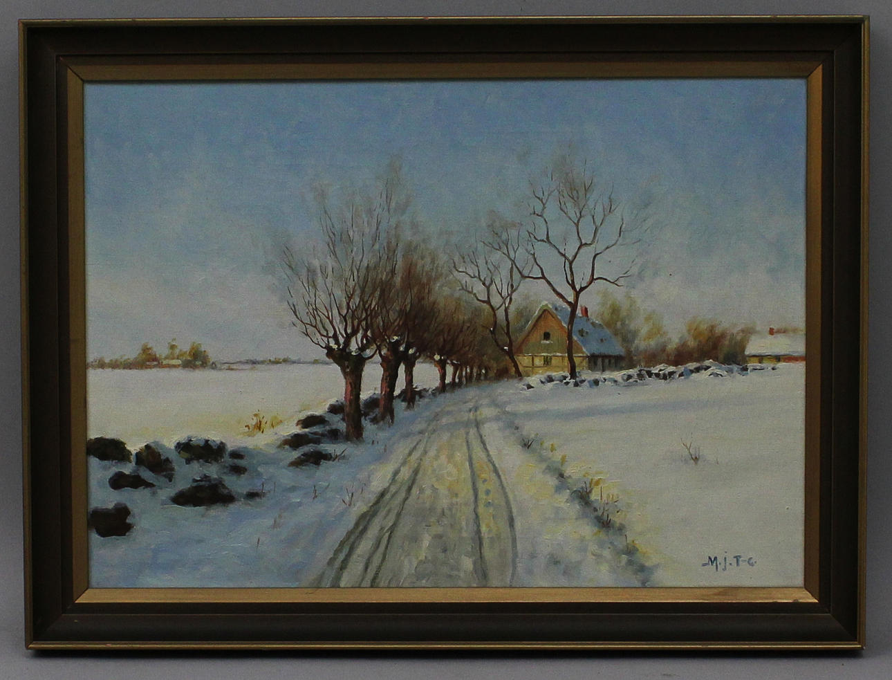 MARTIN TENGBERG. Skånskt vinterlandskap. Olja på dyk. Signerad M.J.T-G.
