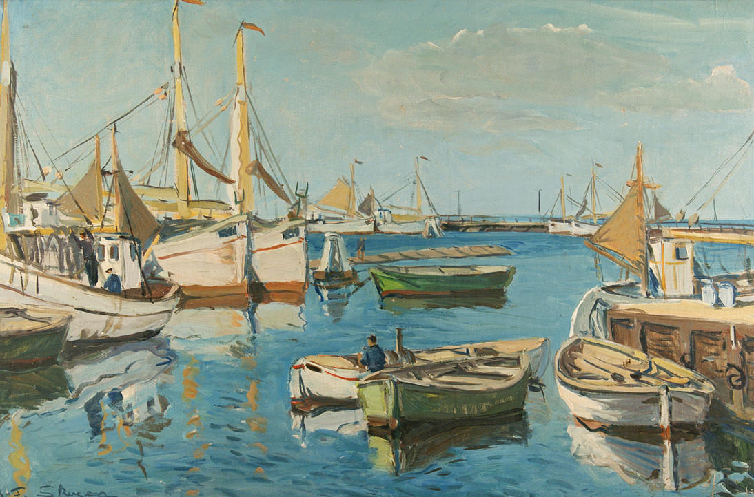 BERNHARD-FREDERIKSEN, AAGE. ”Skagens hamn med fiskebåtar”. olja/duk. 65 x 98 cm L. u. monogr. och Ortbez.: B. F. - Skagen. A tergo med titeln. ram.
