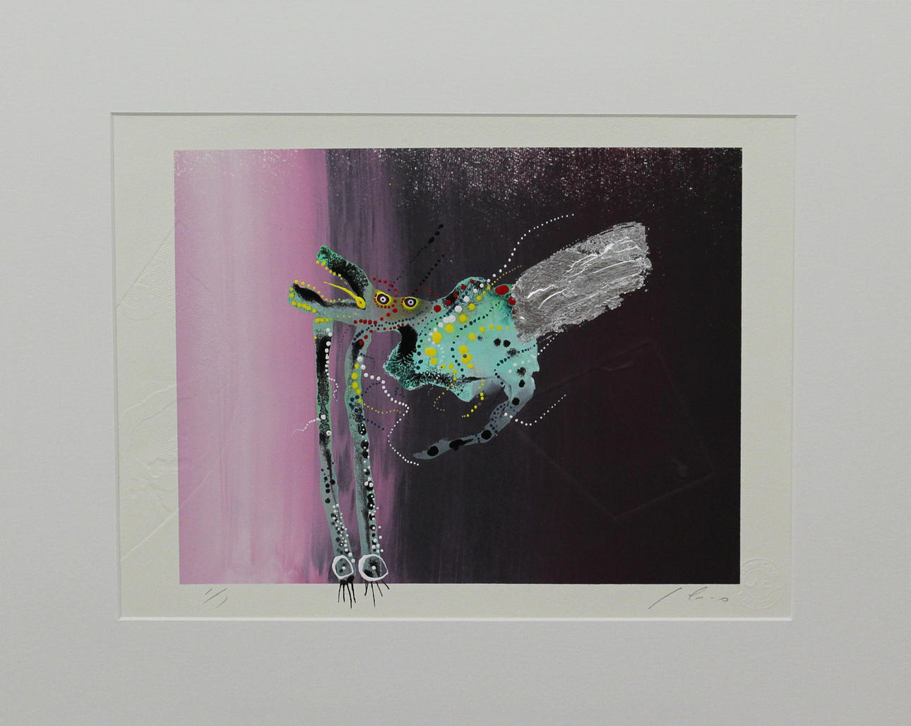 JUAN CANO. "Alebrijes". Blandteknik med bladguld. Signerad J Cano. 1/1.