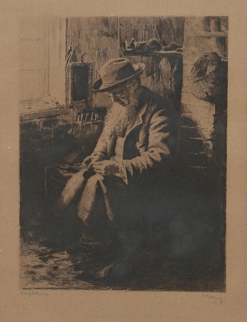 AXEL TALLBERG. "The Shoemaker", etching, signed.