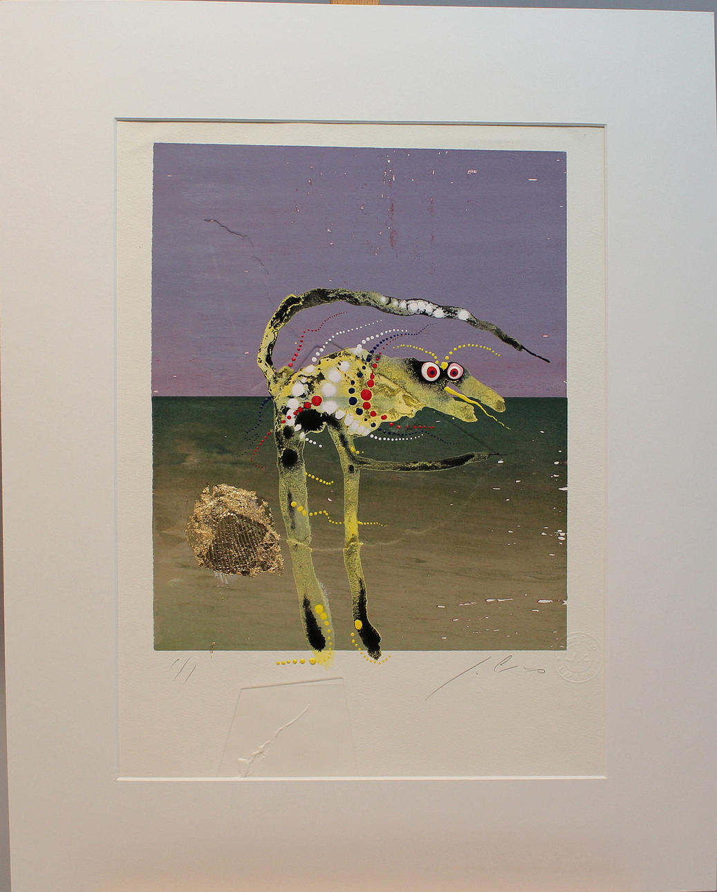 JUAN CANO. "Alebrijes". Blandteknik med bladguld. Signerad J Cano. 1/1.