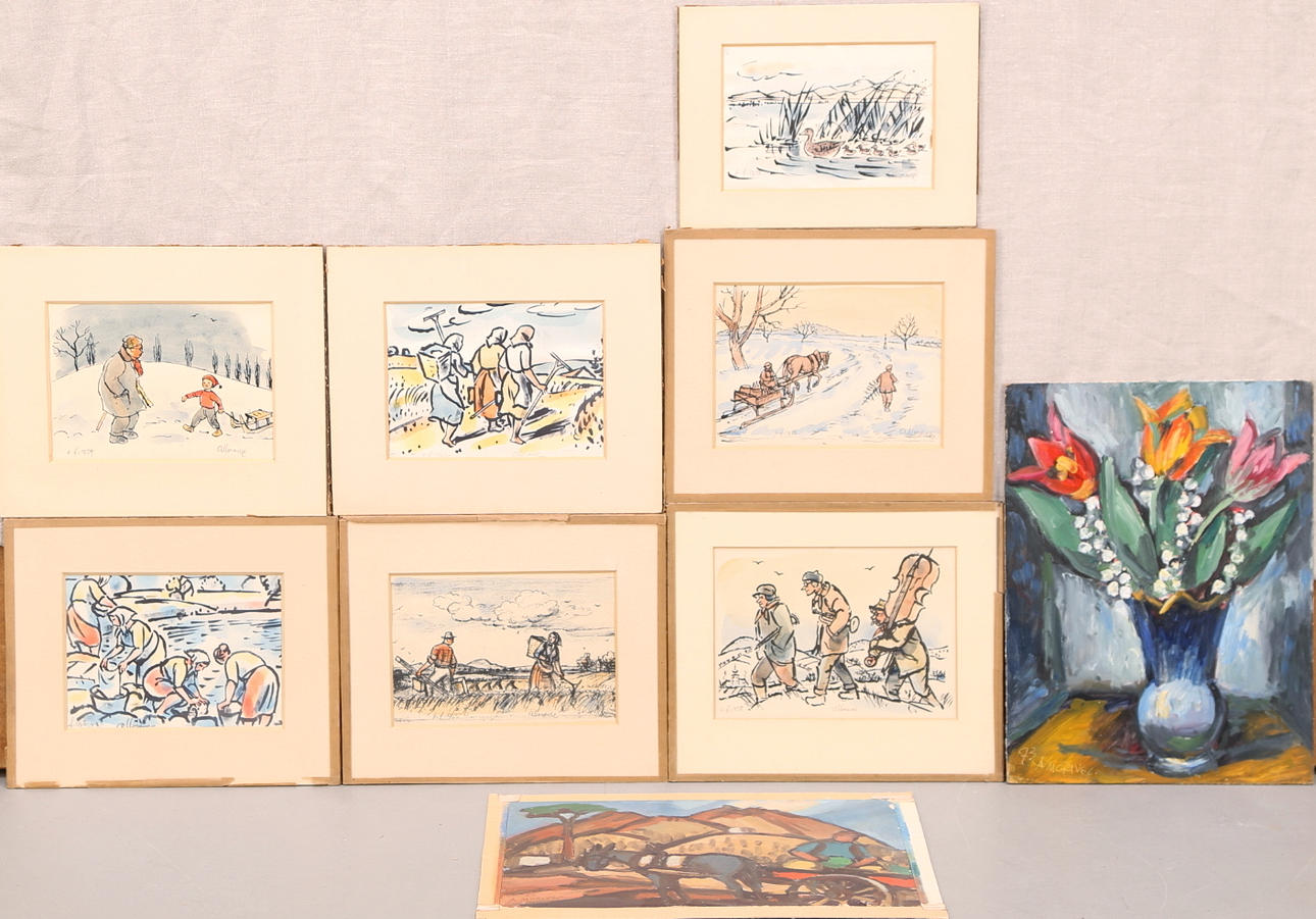 ALOIS MORAVEC. 7 st blanteknik + 2 olja på papper/pannå.