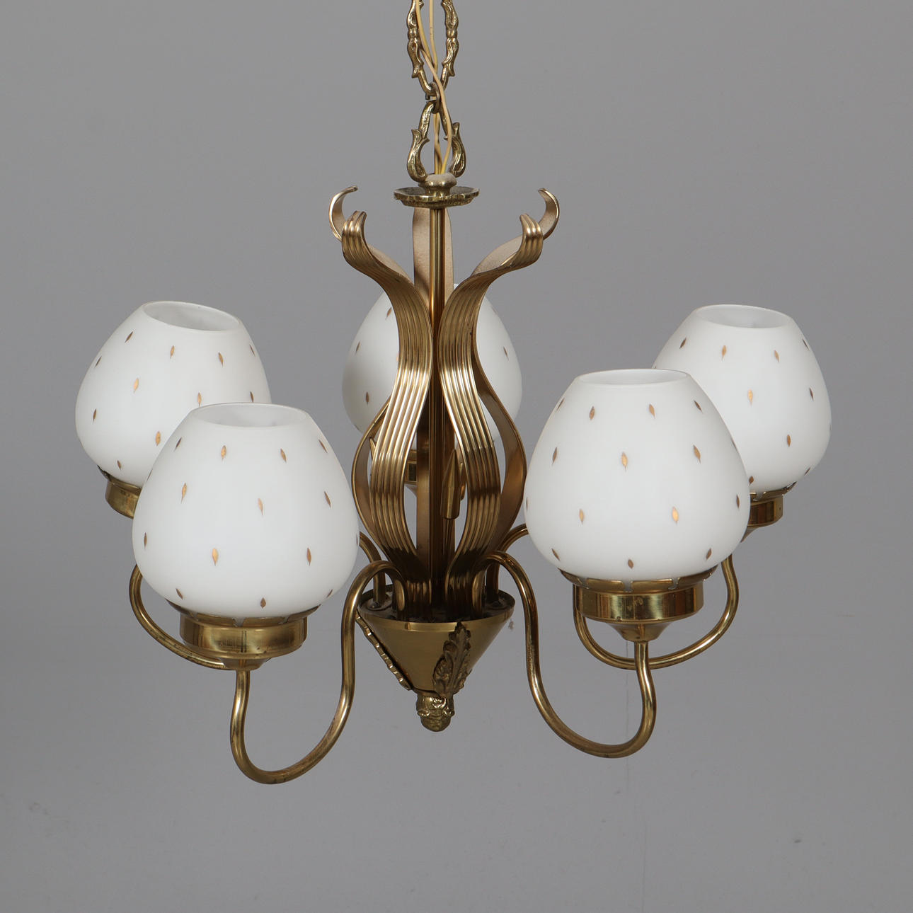 CEILING LAMP, five-armed, brass with glass domes.