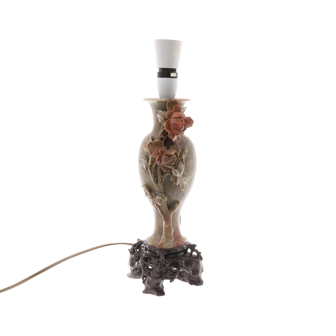 A SOAPSTONE BALUSTER SHAPE VASE ADAPTED AS A TABLE LAMP.