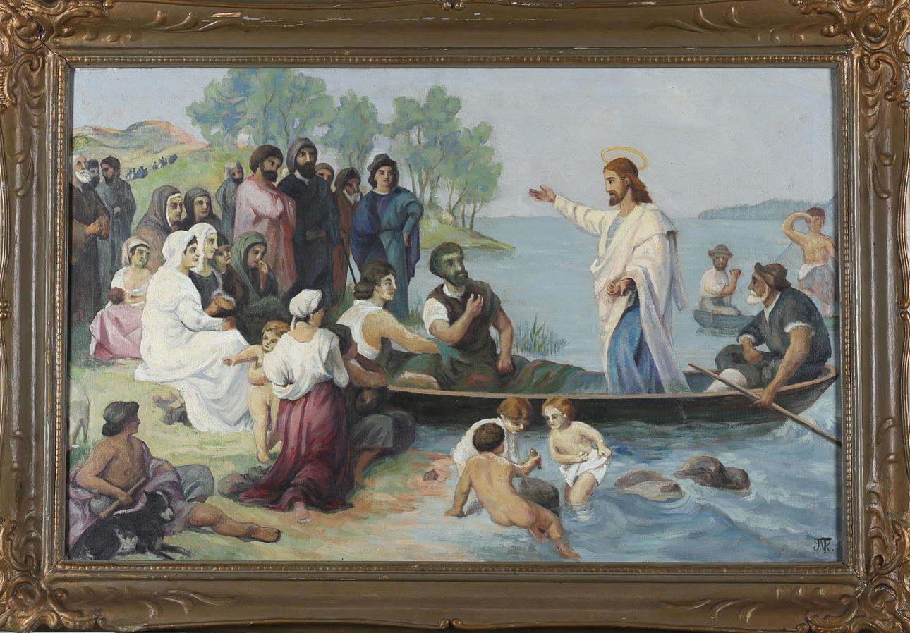 OIDENTIFIERAD KONSTNÄR. Jesus preaching, oil on canvas, monogram signed.