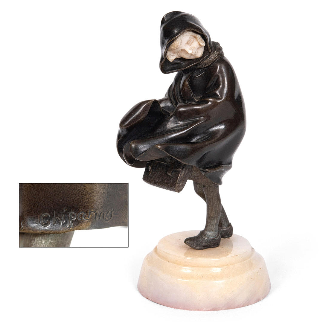 DEMETRE CHIPARUS (ROMANIAN 1886-1947) - ART DECO BRONZE & IVORY FIGURE OF A GIRL 'HOODED CLOAK'.