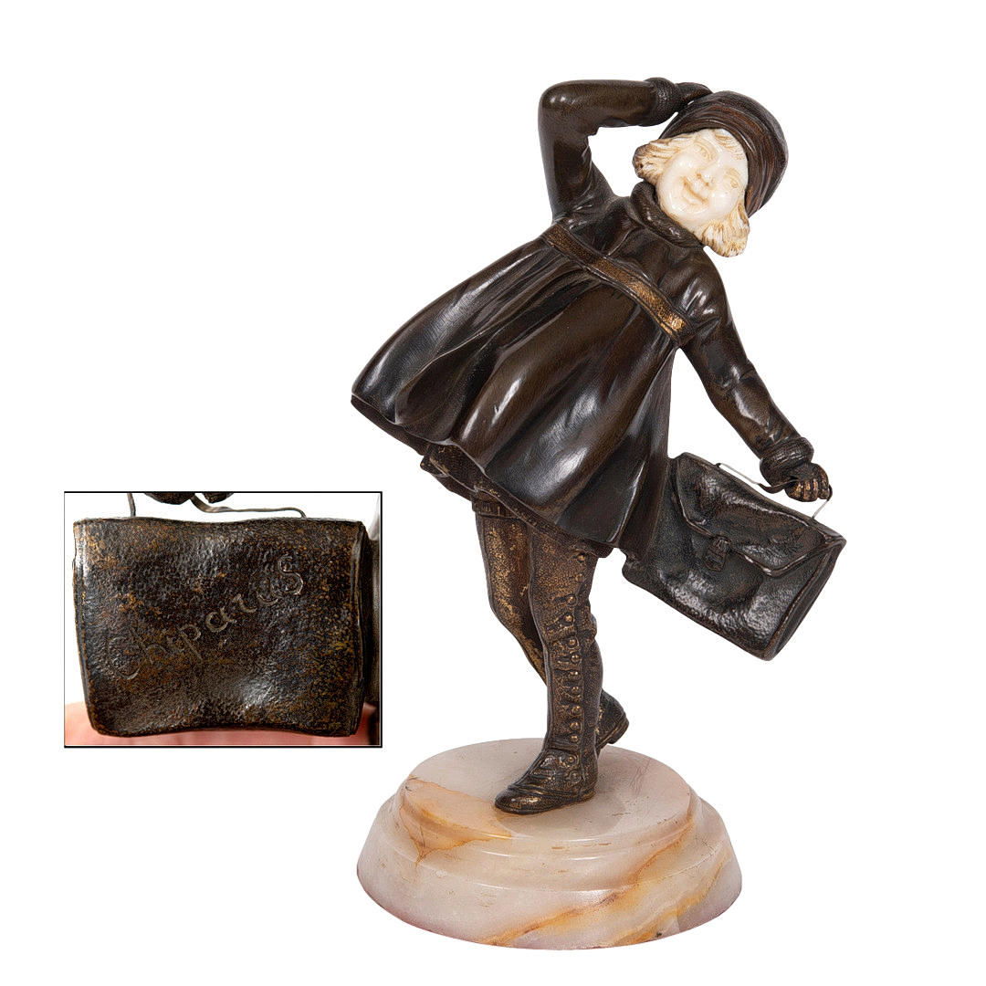 DEMETRE CHIPARUS (ROMANIAN 1886-1947) - ART DECO BRONZE & IVORY FIGURE OF A GIRL 'THE SCHOOL GIRL'.